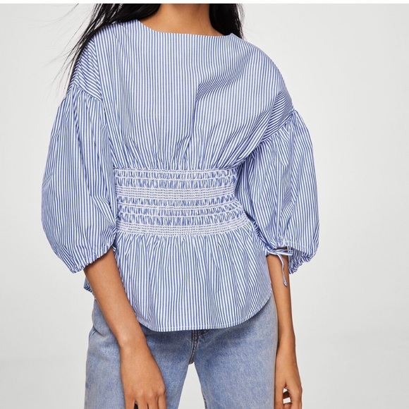 Mango Tops - NWOT Mango Suit Smocked Corset style Puff Sleeve Striped Blouse